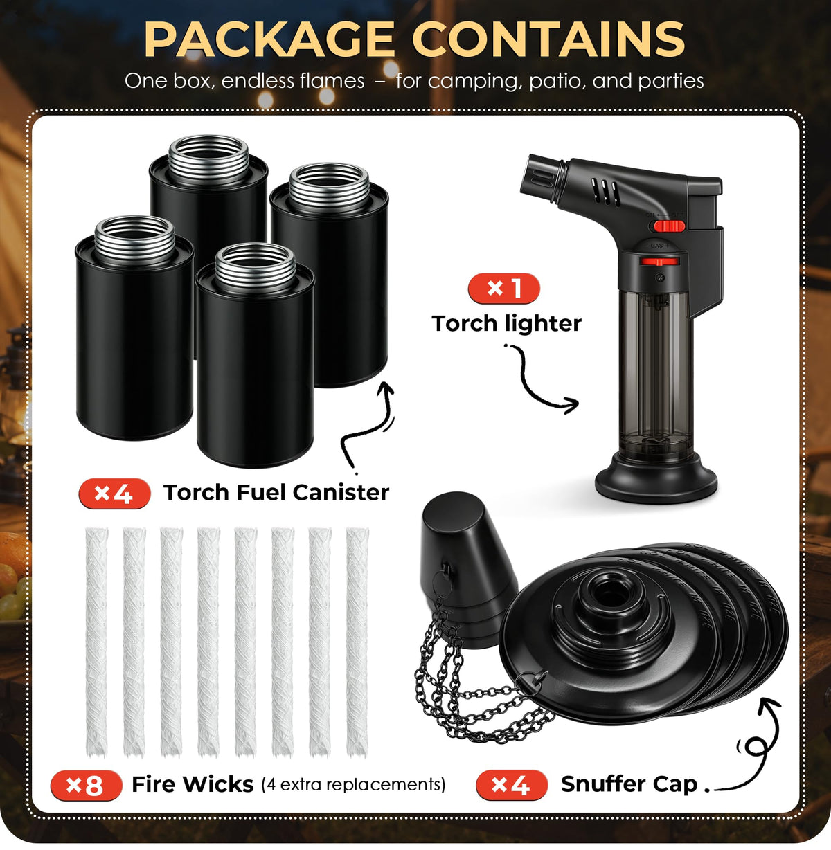 4 Pack 12oz Refillable Torch Canisters with Wicks I3510