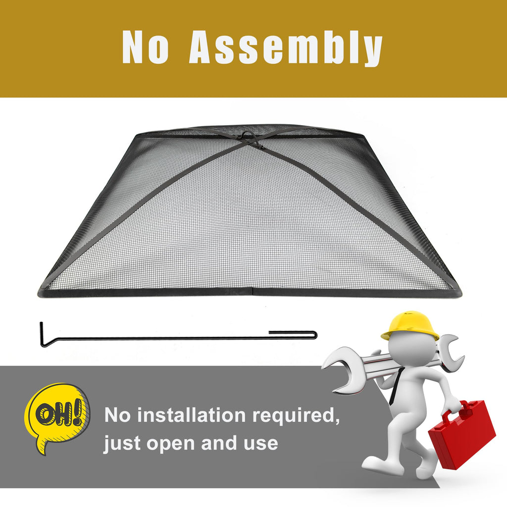 32In Square Heavy Duty Fire Pit Screen Cover with Handle and Poker Black Q9022