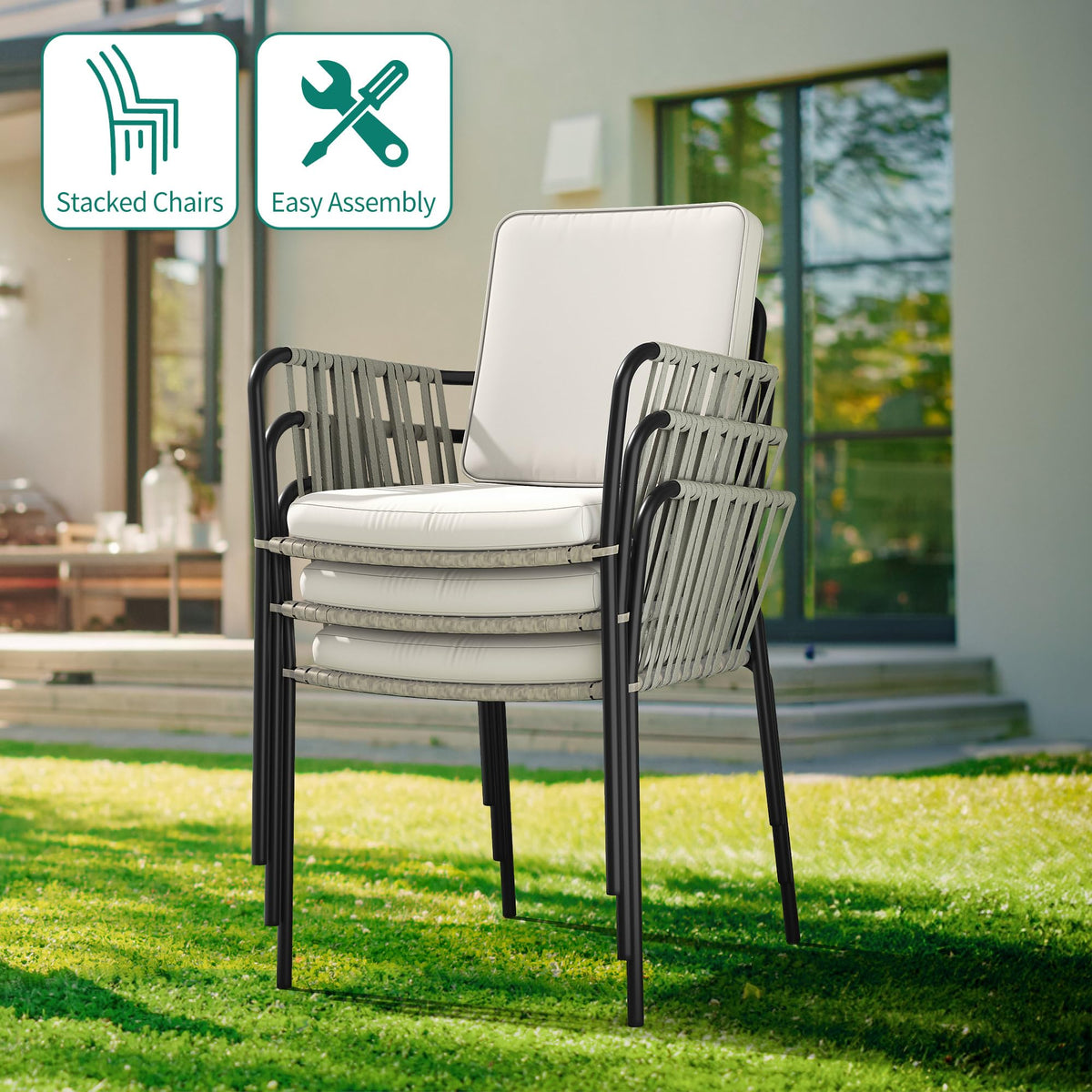Set of 4 Grey Wicker Outdoor Dining Chairs with Beige Cushion D17066