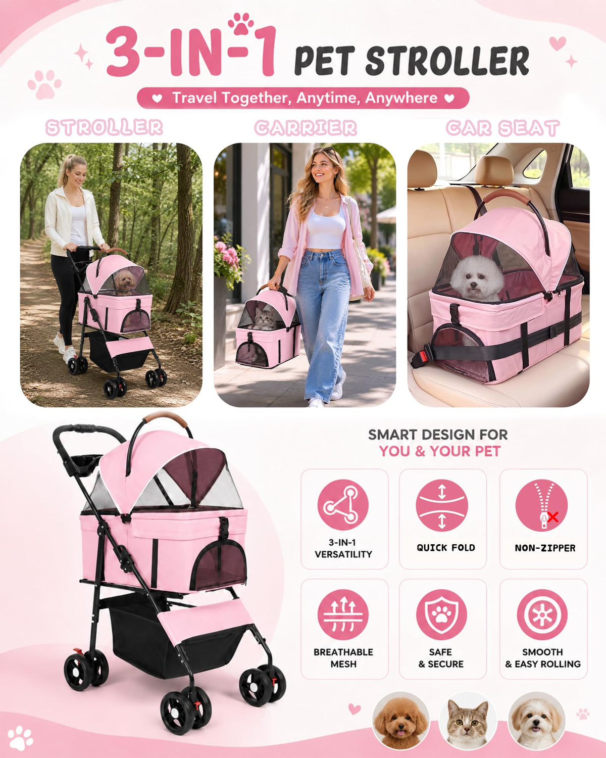 Foldable Pet Stroller with Detachable Carrier K408