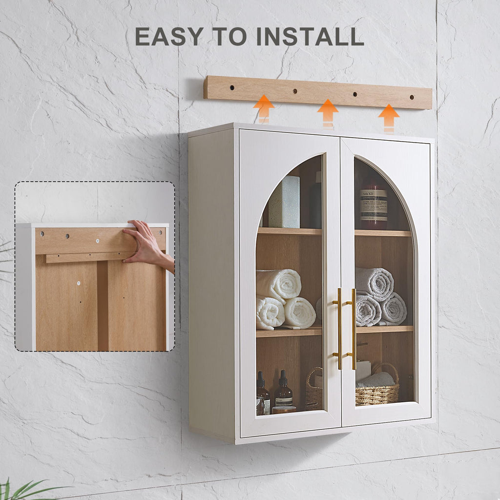 White Wall Mount Bathroom Cabinet with Glass Doors and Adjustable Shelves U823