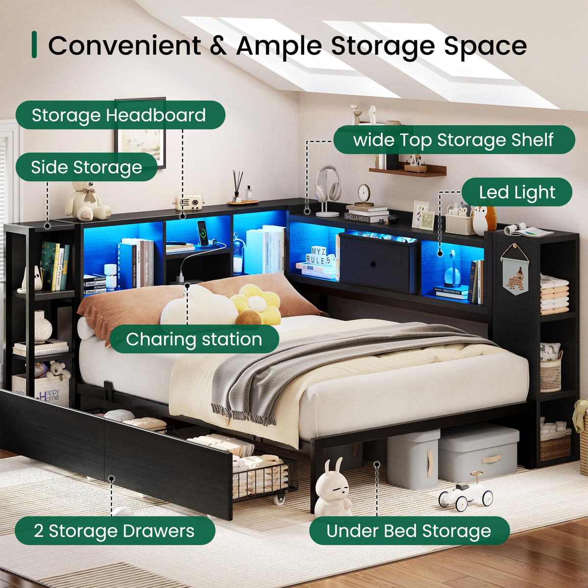 Twin Size Corner Bed Frame with Storage Drawers and Bookcase Headboard N96068