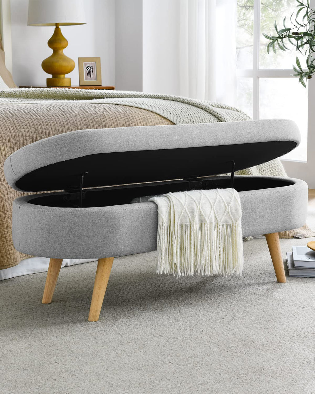 Oval Linen Fabric Upholstered Storage Bench with Solid Wood Legs O934