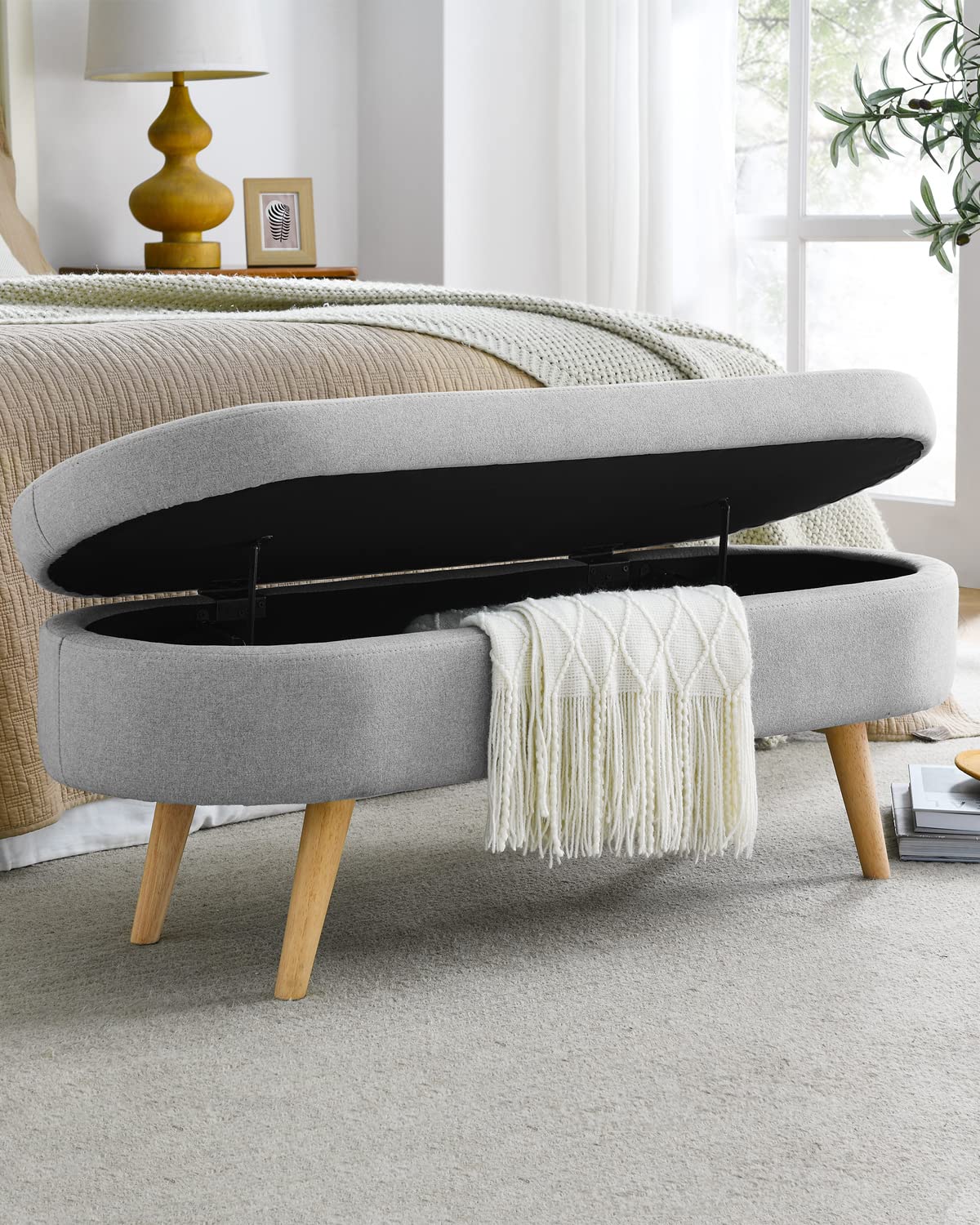 Oval Linen Fabric Upholstered Storage Bench with Solid Wood Legs O934