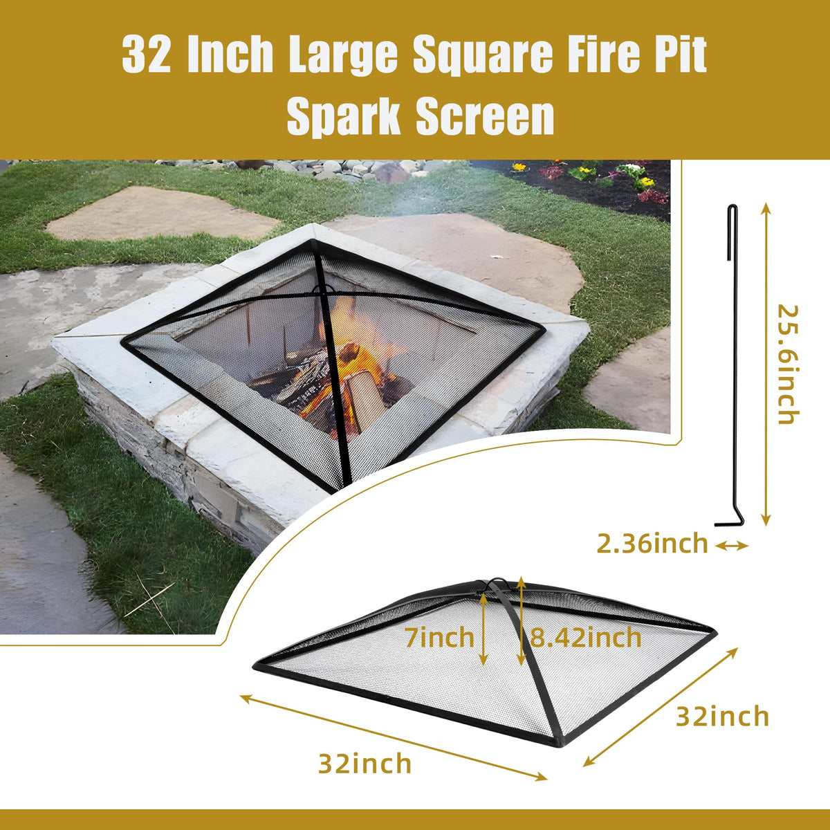 32In Square Heavy Duty Fire Pit Screen Cover with Handle and Poker Black Q9022