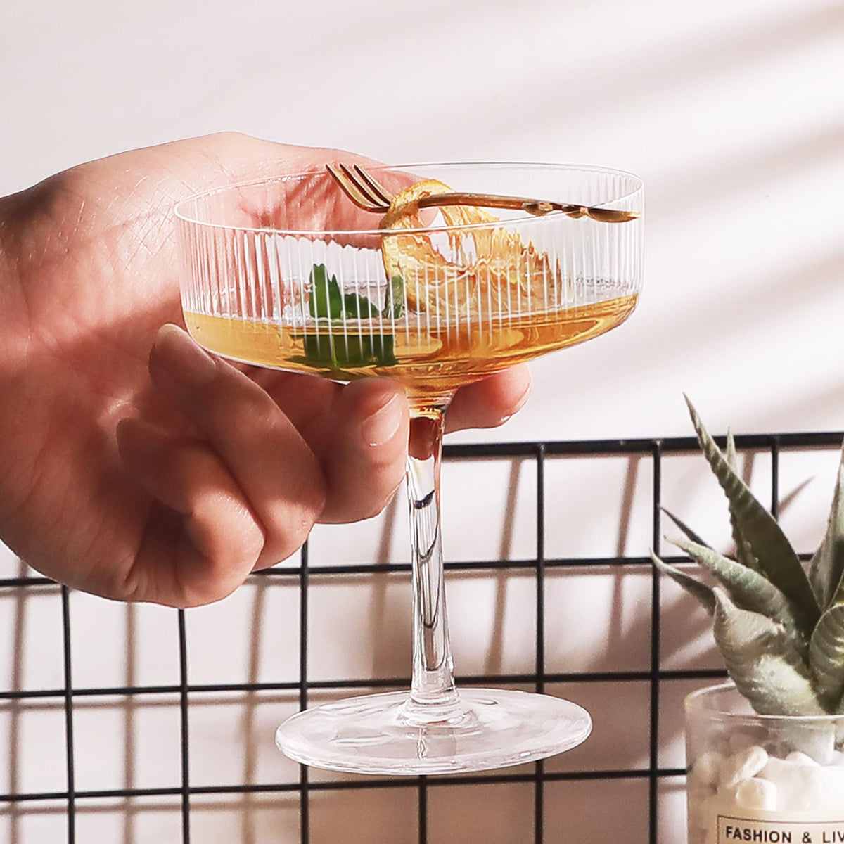 Ribbed Coupe Glasses Set of 6, 10 oz Crystal Cocktail Glassware Q593