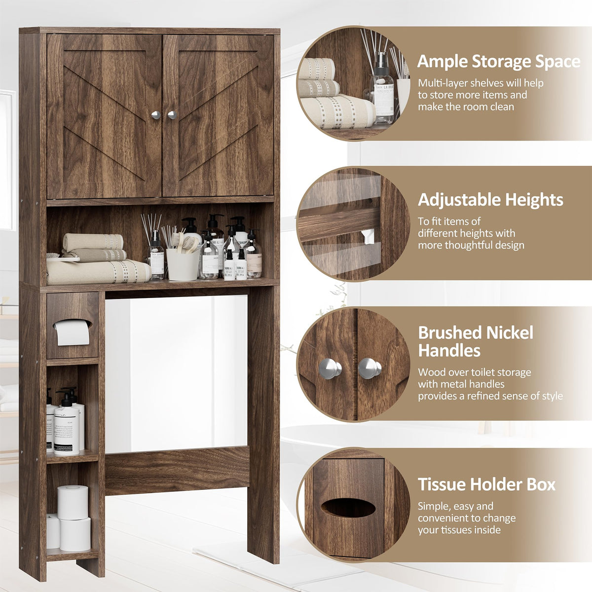Walnut Over Toilet Storage Cabinet with Adjustable Shelf W8813