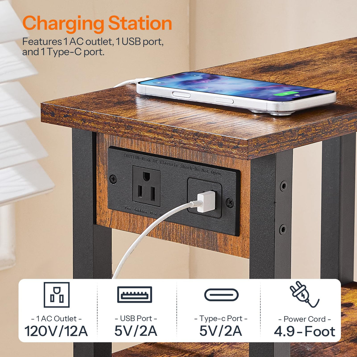 Narrow 3-Tier Side Table with Charging Station Q346