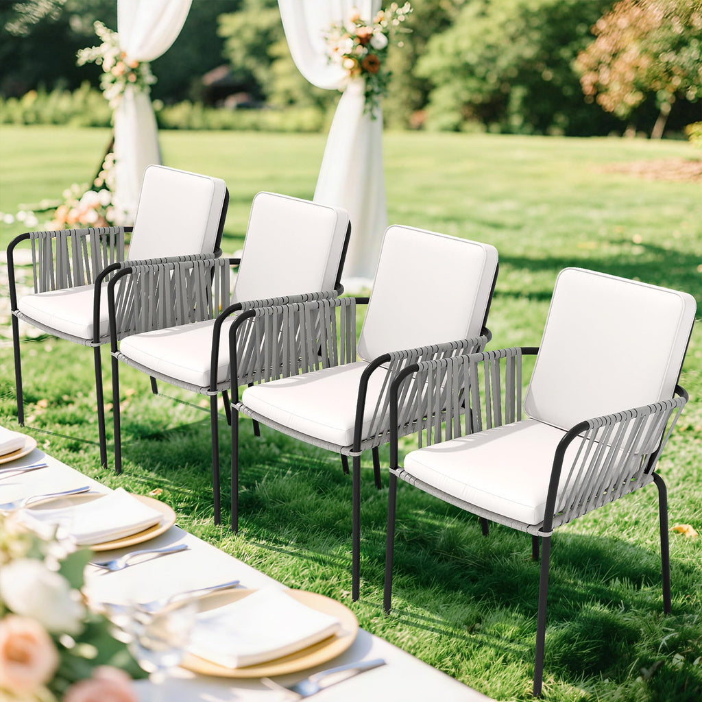 Set of 4 Grey Wicker Outdoor Dining Chairs with Beige Cushion D17066