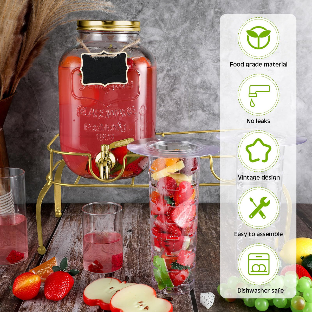 2 Pcs 2 Gallon Glass Drink Dispenser with Stand N661358