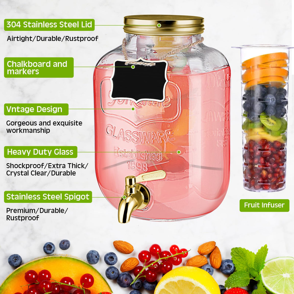 2 Pcs 2 Gallon Glass Drink Dispenser with Stand N661358