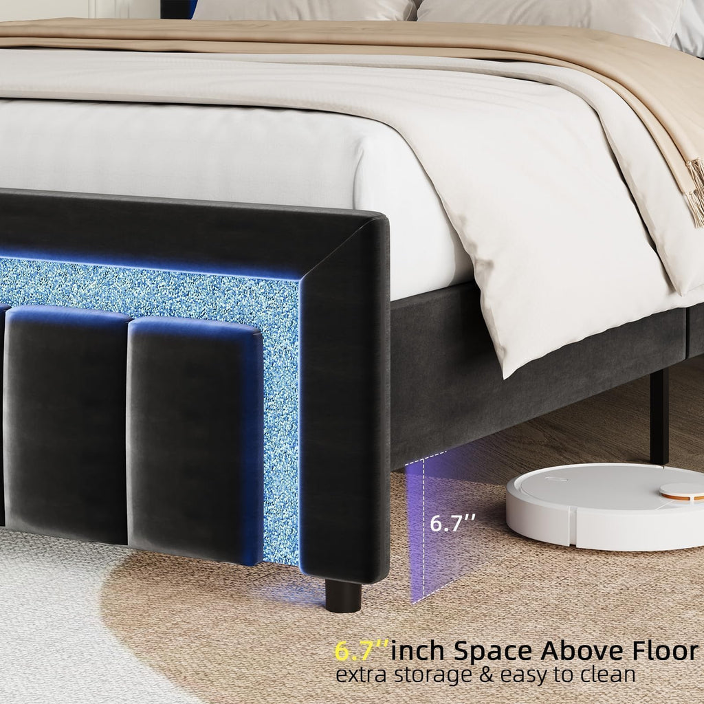 Full Size Velvet Upholstered Bed Frame with LED Lights U14145