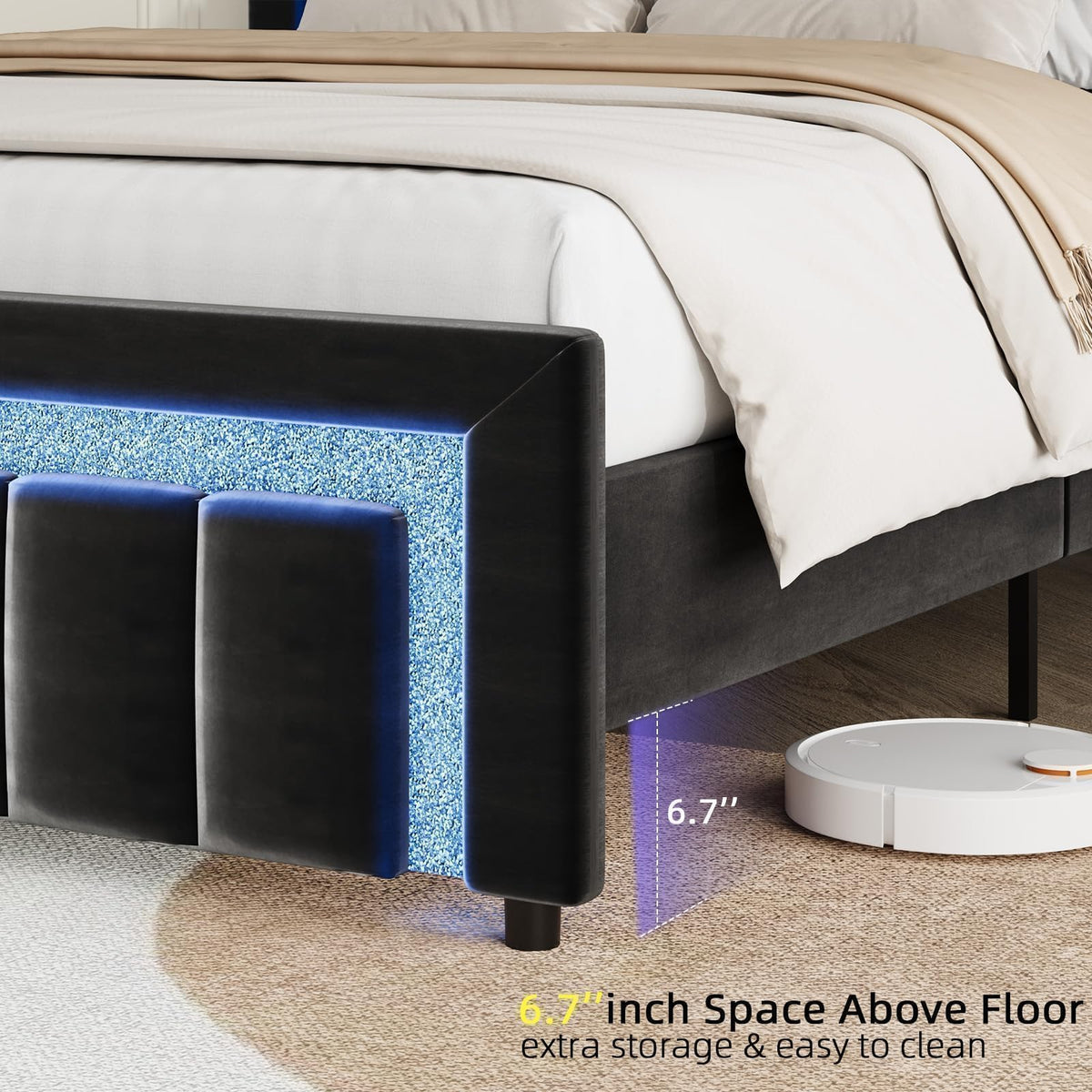 Full Size Velvet Upholstered Bed Frame with LED Lights U14145