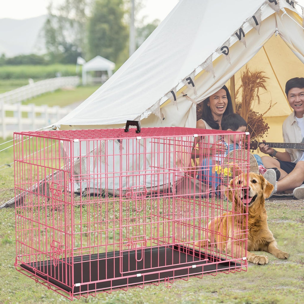 48" Large Double Door Folding Metal Wire Dog Crate with Divider Panel T86576
