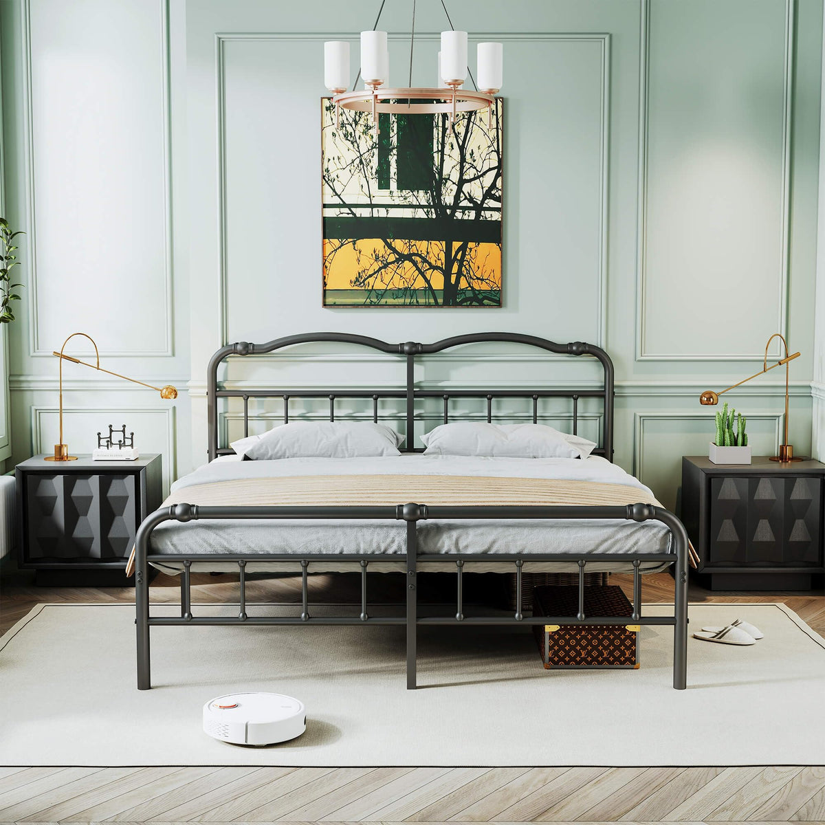 Queen Size Black Metal Platform Bed Frame with Headboard C14947