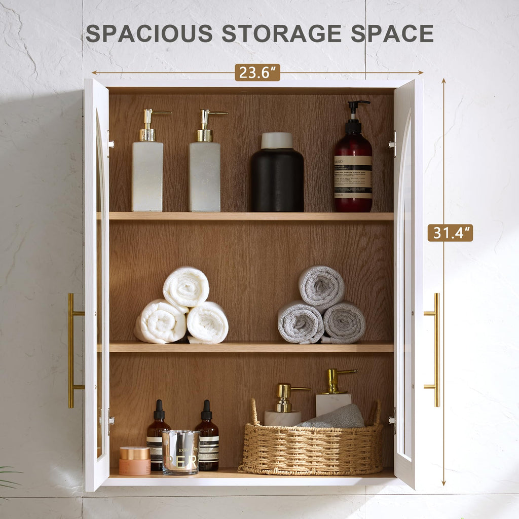 White Wall Mount Bathroom Cabinet with Glass Doors and Adjustable Shelves U823
