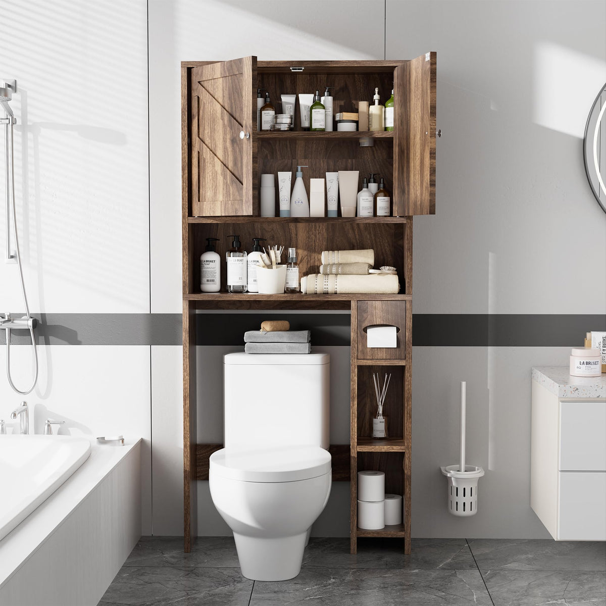 Walnut Over Toilet Storage Cabinet with Adjustable Shelf W8813
