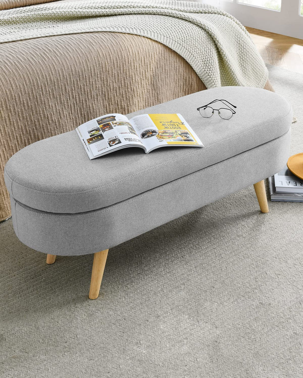 Oval Linen Fabric Upholstered Storage Bench with Solid Wood Legs O934