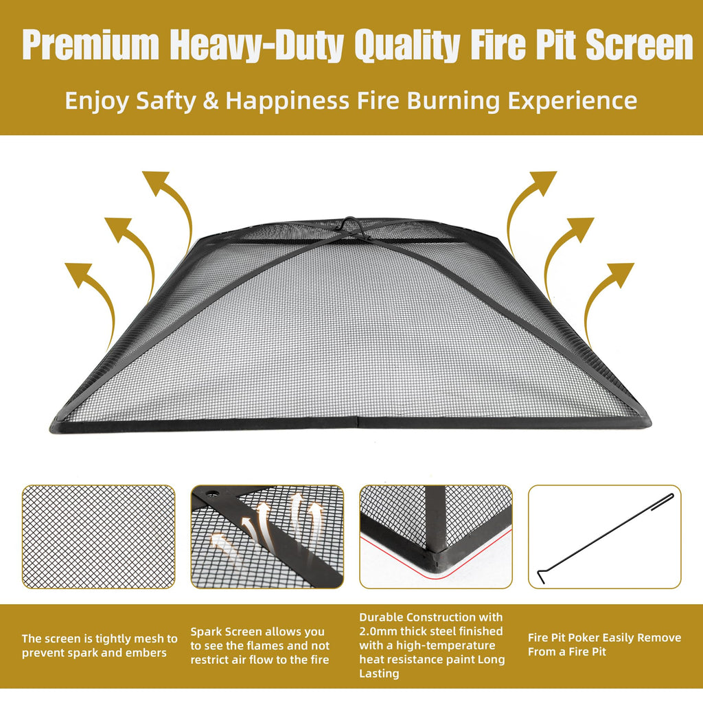 32In Square Heavy Duty Fire Pit Screen Cover with Handle and Poker Black Q9022