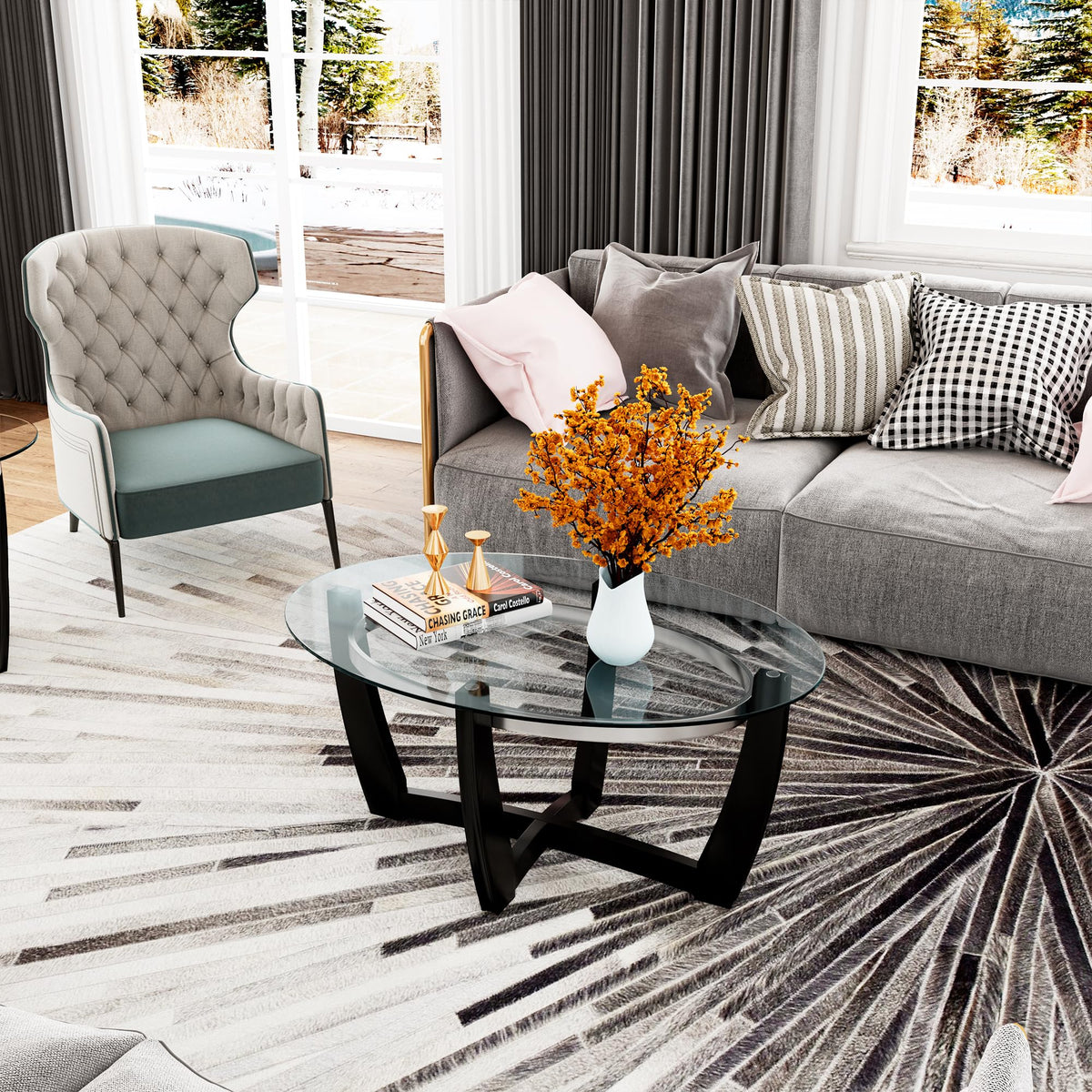 Oval Wood Glass Coffee Table A74570