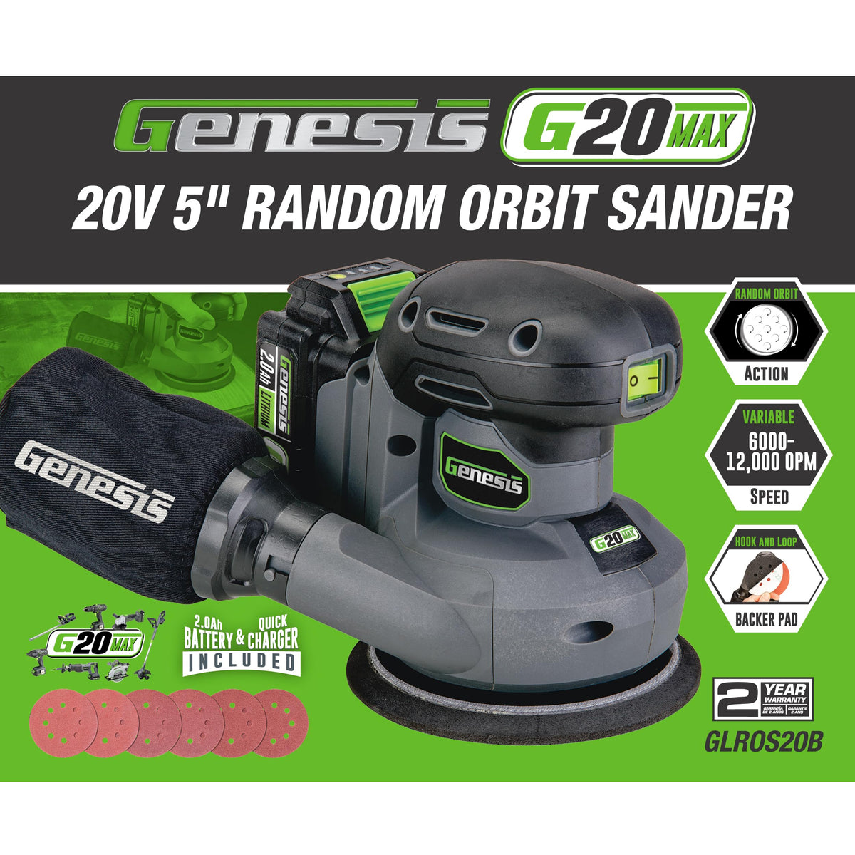 20V Cordless 5in. Orbital Sander with Dust Bag S496