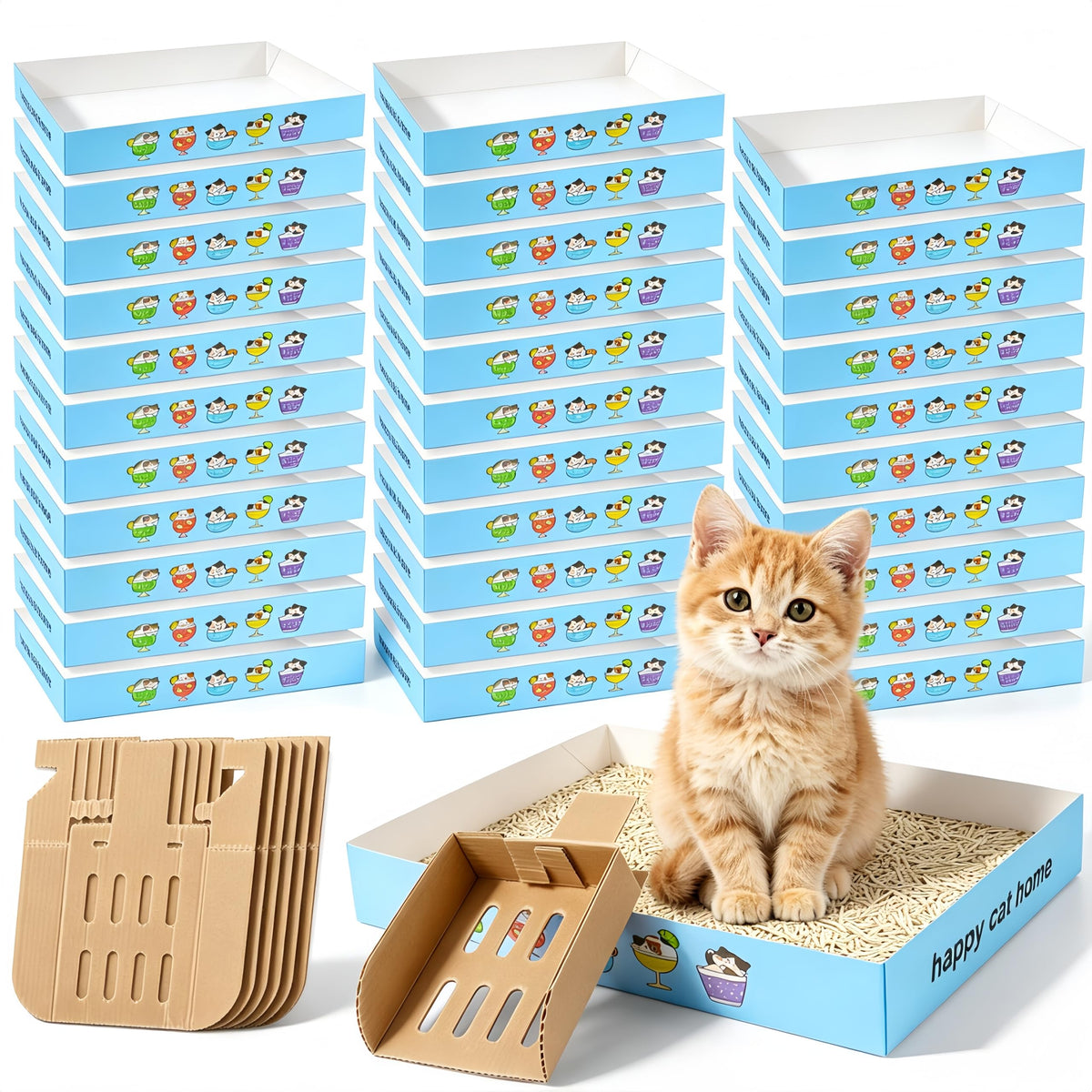 32 Pack Disposable Cat Litter Box with 6 Scoops K6744