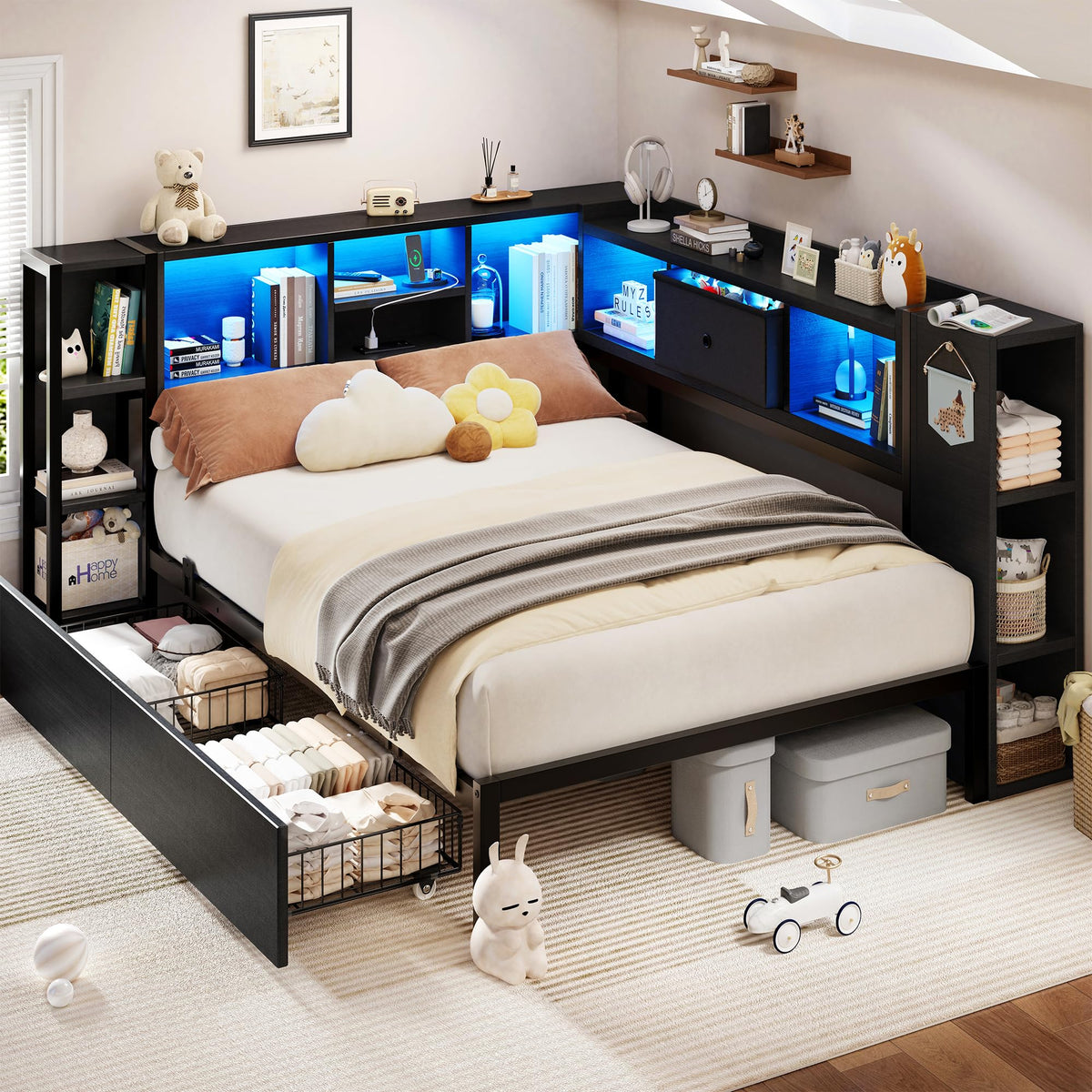 Twin Size Corner Bed Frame with Storage Drawers and Bookcase Headboard N96068