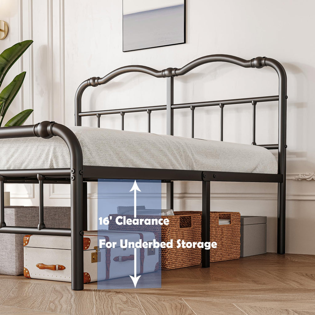Queen Size Black Metal Platform Bed Frame with Headboard C14947