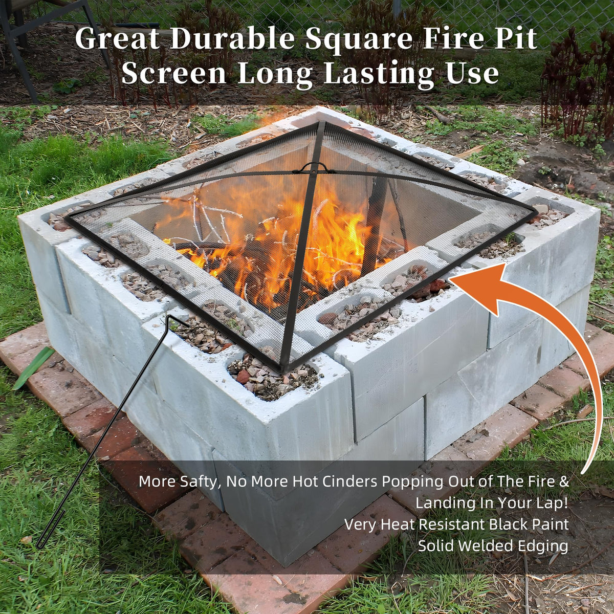 32In Square Heavy Duty Fire Pit Screen Cover with Handle and Poker Black Q9022